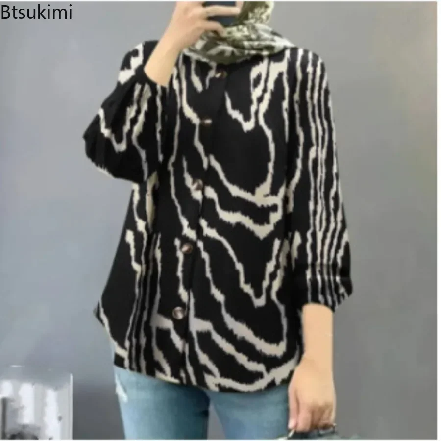2025 Women's Loose Casual Vacation Blouse Spring Autumn Fashion Printed Puff Long Sleeve Button Tops Females Muslim Hijab Shirts