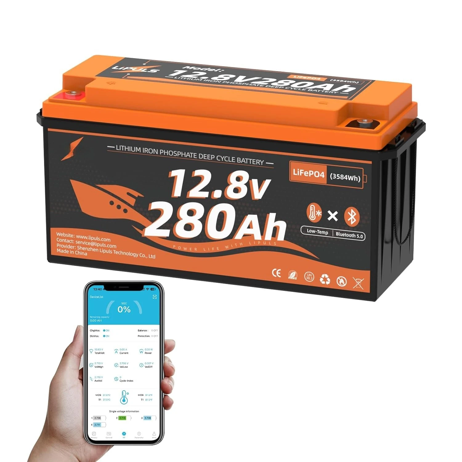 

12V 280Ah LiFePO4 Lithium Battery, Bluetooth with Low Temperature Cut-Off, Built-in 200A BMS, Max.3584Wh Energy, Up, Customized