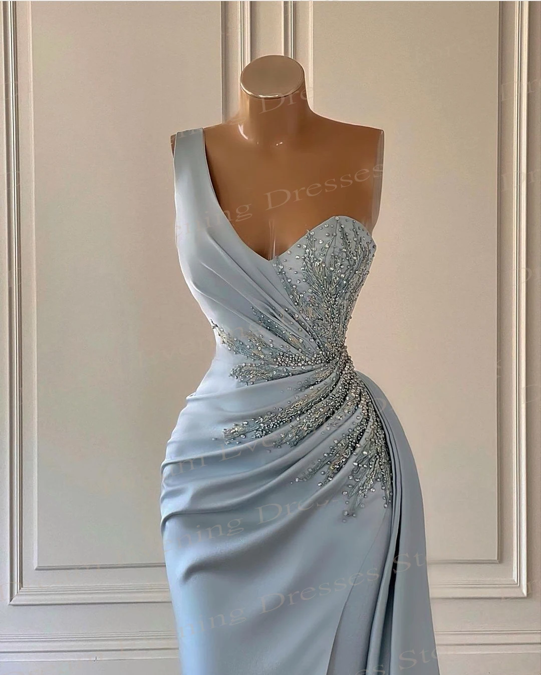 Generous Blue Mermaid Evening Dresses Elegant Stain One-Shoulder Appliques Prom Gowns Sleeveless Customized Vestidos De Noche