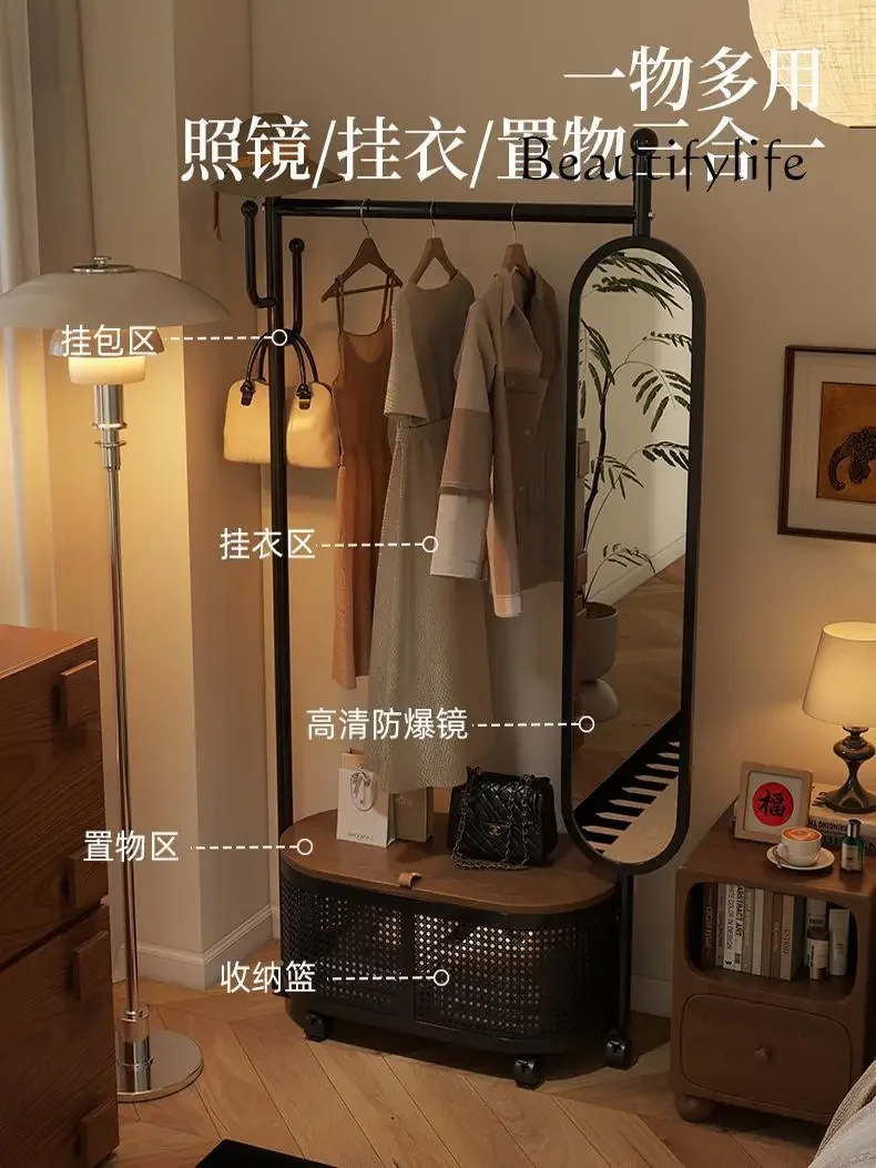 X Bedroom Cloakroom Movable Hanger With Mirror Floor-to-ceiling Full-body Mirror Rack