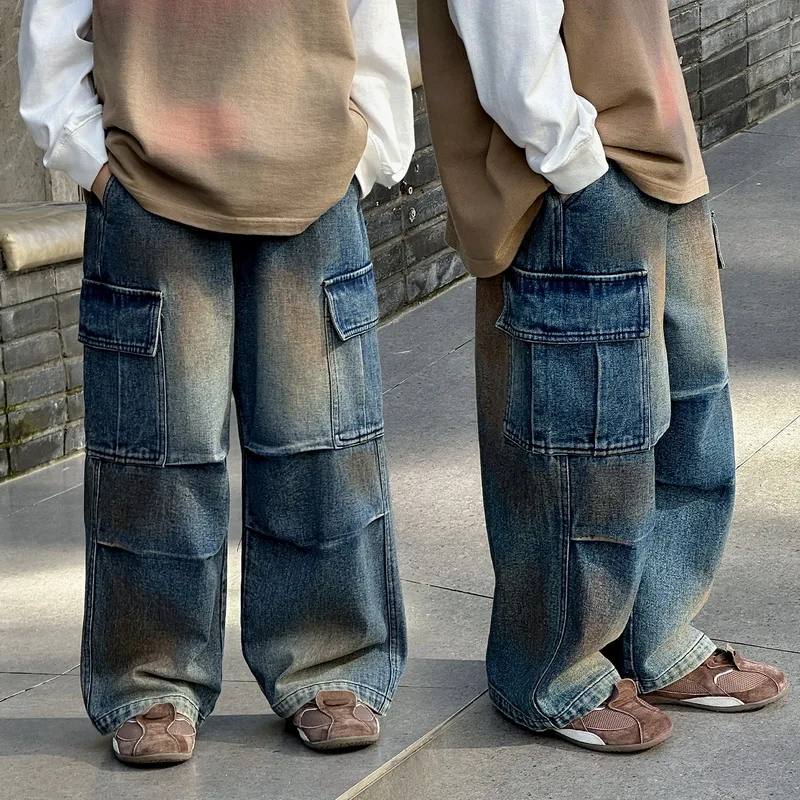 Spring Autumn Boys' Retro Casual Loose Cargo Jeans Kids Straight Leg Denim Pants New Children's Fashion Spray Dyeing Trousers