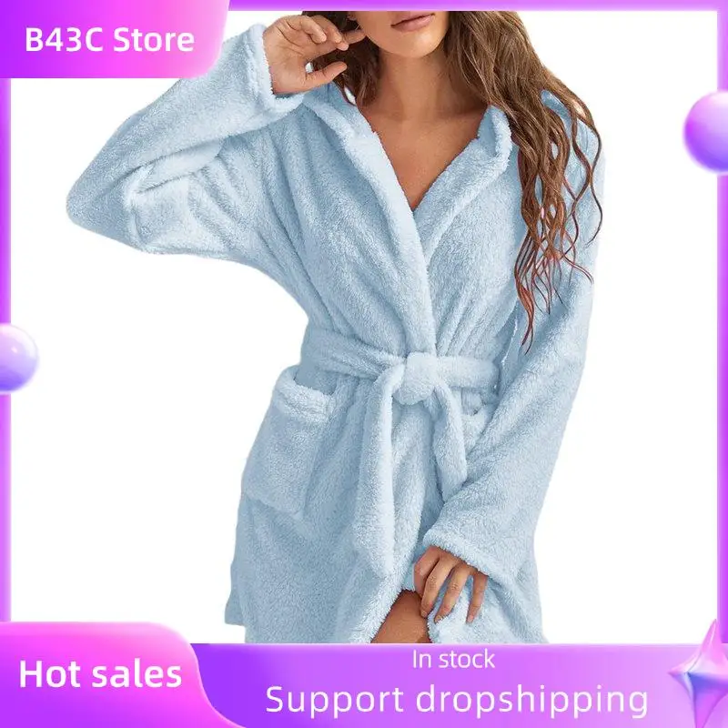 

B14C женский плюшевый халат средней длины с поясом, мягкий халат с карманами, осенне-зимняя домашняя плюшевая пижама с капюшоном