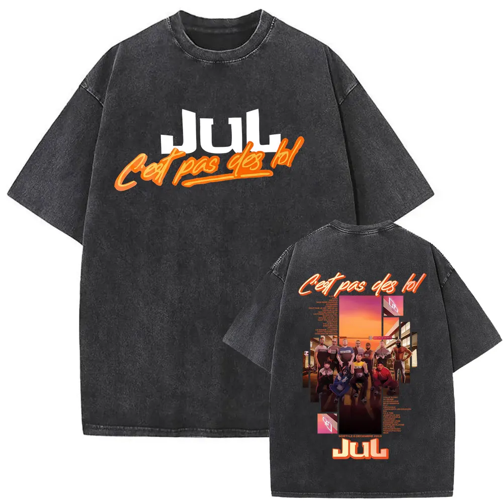 

Washed Vintage France Rapper Jul Double Sided Print T-shirt Men's Hip Hop Fashion Pop Music T Shirts Casual Oversized T-shirts