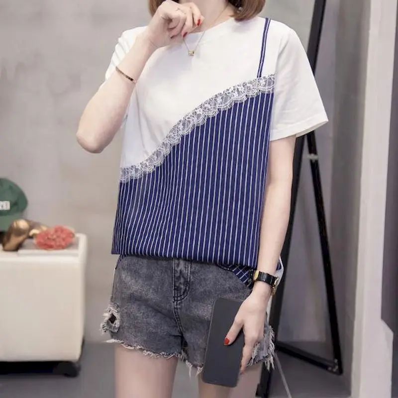 Oversized T Shirts Women Fashion Stripe Patchwork T-shirt Casual Loose Short Sleeve Tops 2024 Summer Trend Fake Two-Piece Tshirt