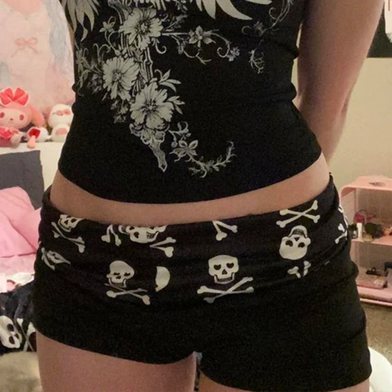 Y2K Summer New Black Personality Fashion American Retro High Street Skull Print Slim Punk Gothic Subculture Sexy Shorts Female