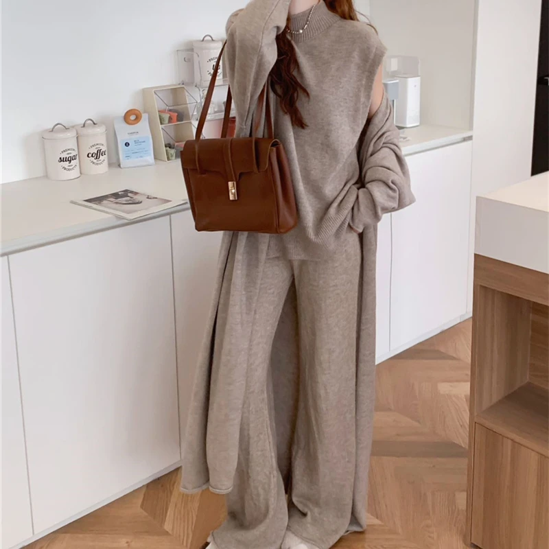 

Women Wide Leg Pants Sets Ladies Casual Long Sleeve Cardigan Coat Sports Outfit Elegant Sleeveless Vest Three Piece Suit