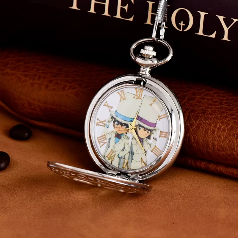 Silver large chain pocket watch Cartoon design pocket watch Petal hollow pocket watch Nostalgic quartz watch