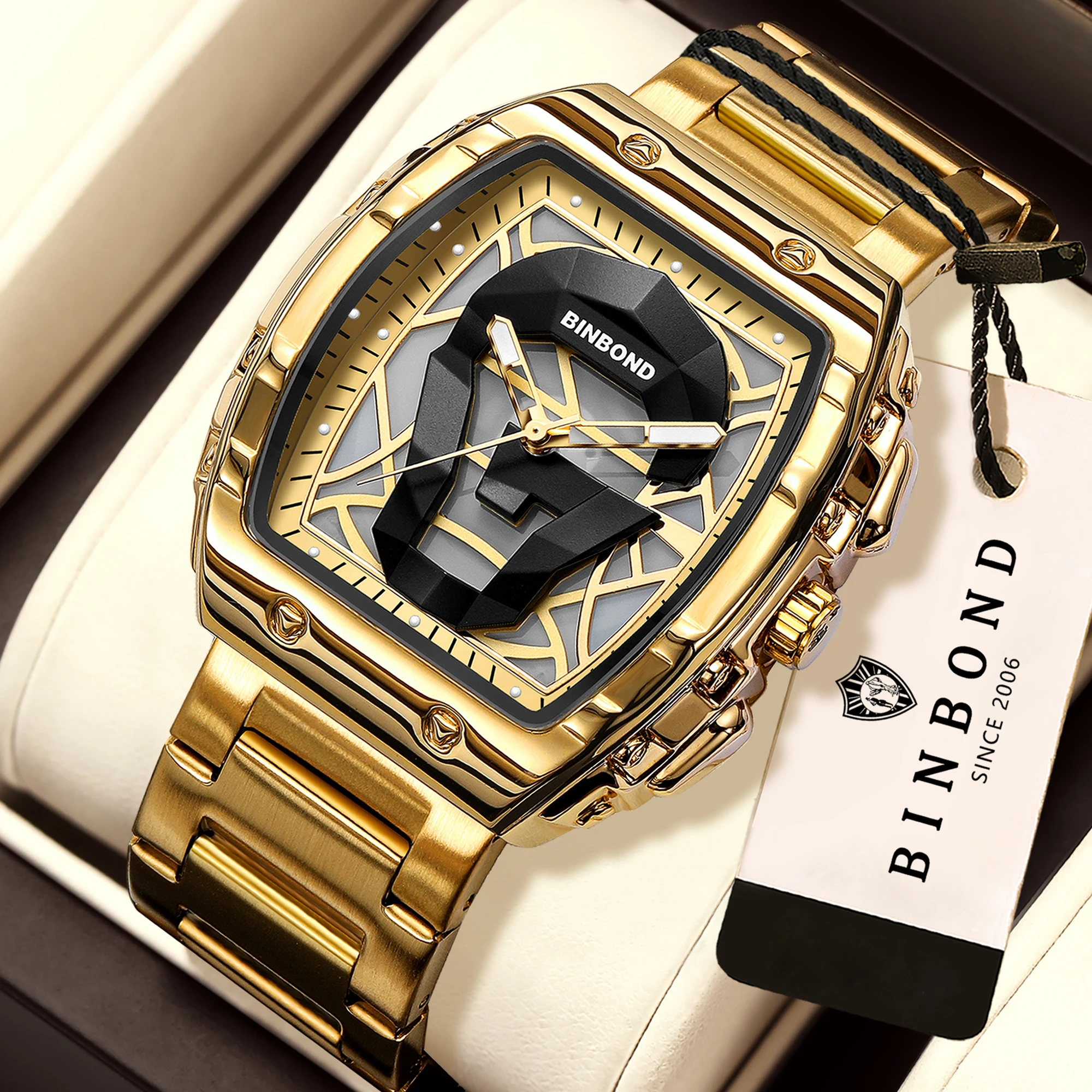 BINBOND Watches for Man Stainless Steel Bracelet Luminous Water-Resistance 3AT Fashion & Casual B8944 Quartz Wristwatches Gold