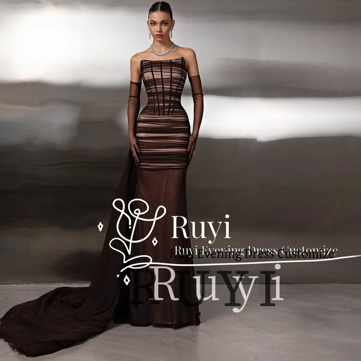

Customized Strapless Dark Brown Pleated Evening Dresses Special Occasion Long Gloves Prom Dresses Slim Fit Long Tail
