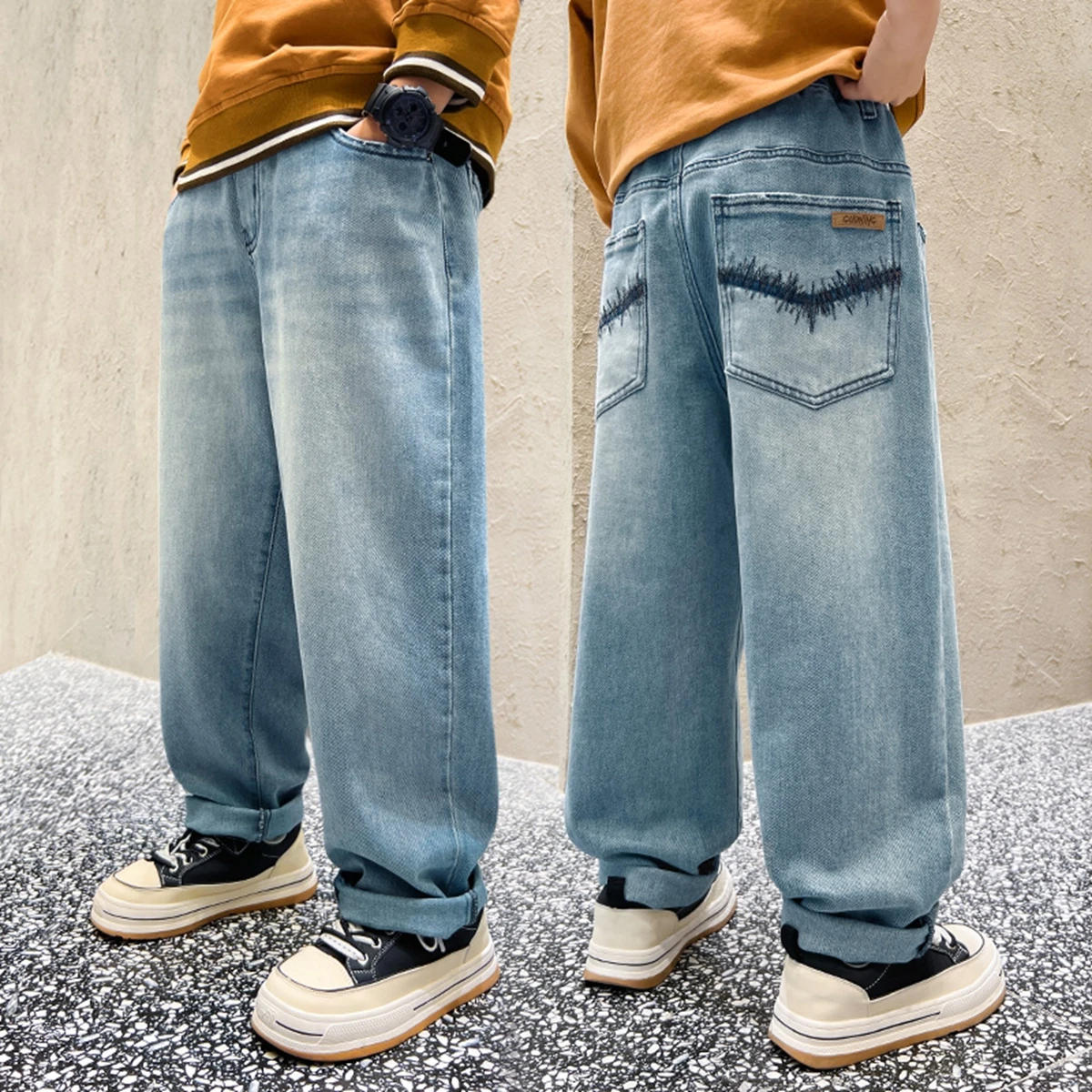 Boys Teen Embroidered Denim Jeans Retro Long Trousers Spring Autumn Simple Style Korean Version Cotton Blend Kids Clothing