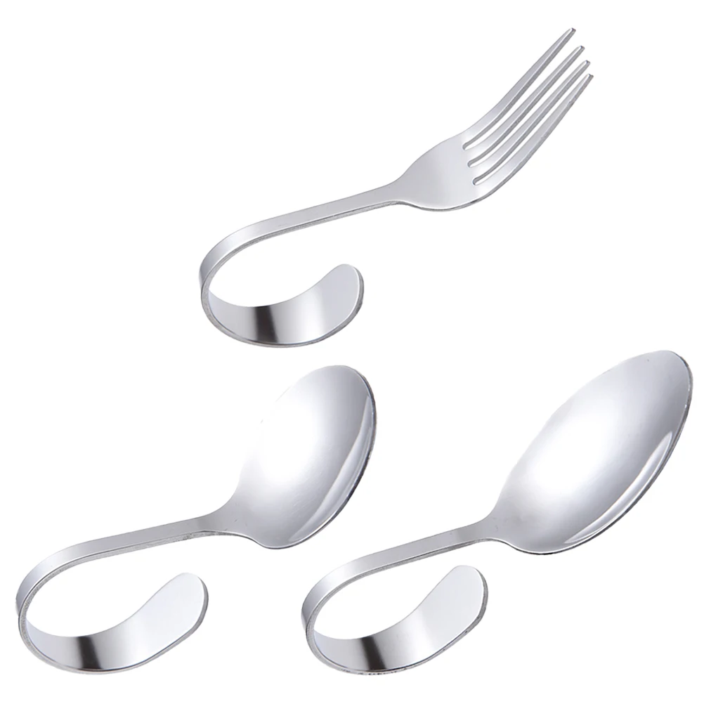 

3 Pcs Spoons Forks Set Curved Handle Serving Heavy Duty Stainless Steel Cutlery Heavy Silverware Kitchen Dinner
