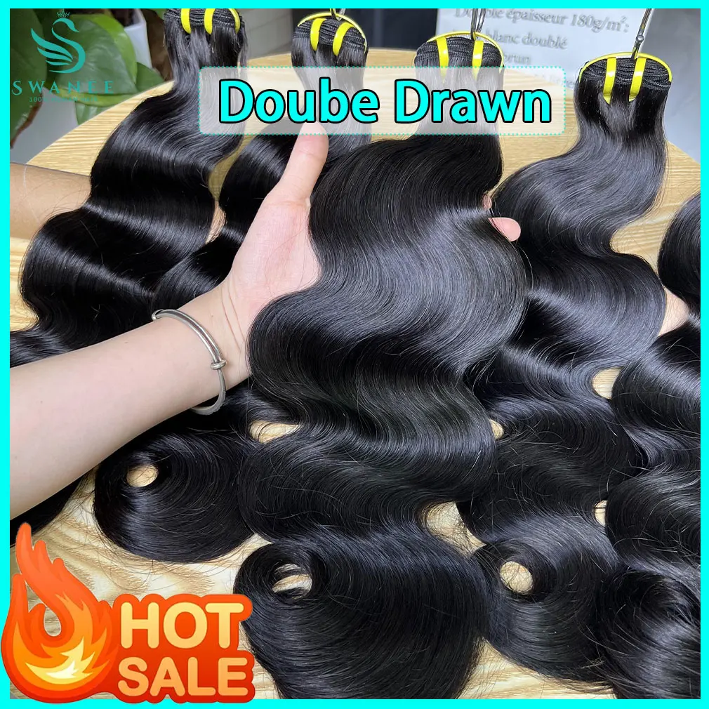 

SWANEE Doube Drawn Body Wave 100% натуральные необработанные пучки натуральных человеческих волос для необработанных женщин, наращивание волос, оптовая продажа
