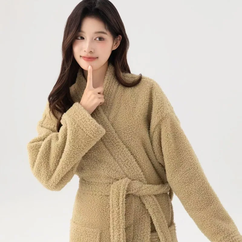 New Thickened Extended Wool Lamb Wool Nightgown Extended Bathrobe Pajamas