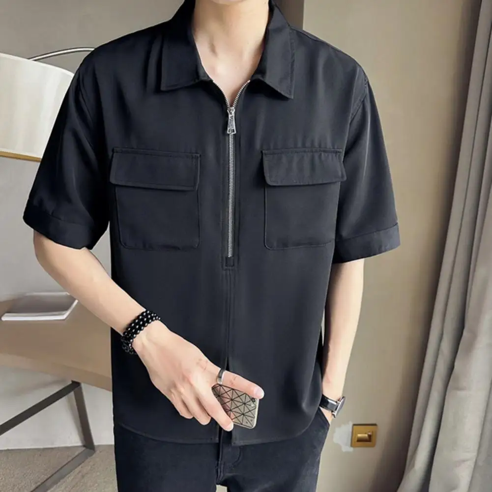 

Short-sleeved Work Shirt Streetwear Men's Cargo Shirt Half Zipper Split Hem Chest Pockets Stylish Short Sleeve Top for Daily