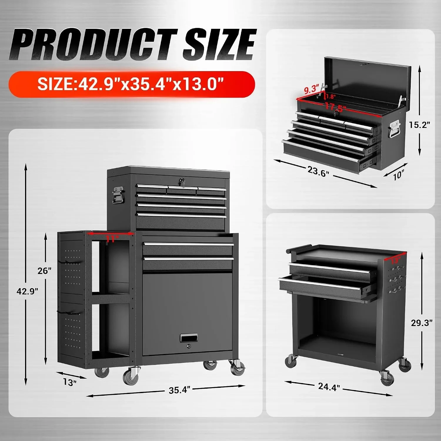 8 Drawers Rolling Assembled Tool Cabinet With Detachable Top Toolbox & 30% Extra Storage Space, Custom
