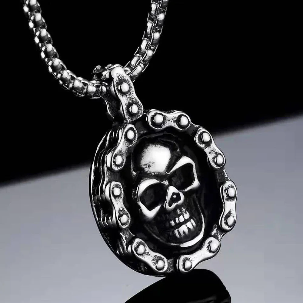 Stainless Steel Skull Head Pendant Necklace Men Retro Silver 60cm Hang Neck Jewelry Waterproof Not Fade Wholesale Drop Shipping