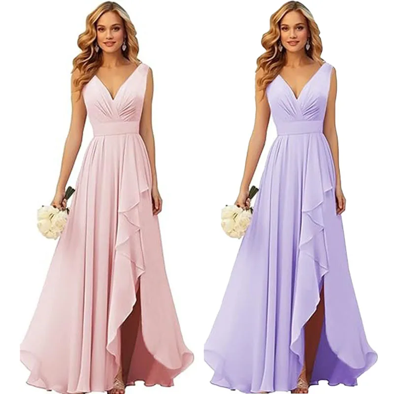 Robe de Demoiselle d'Honneur en Mousseline de Soie, Ligne A, Plissée, Fente Latérale, Élégante, pour