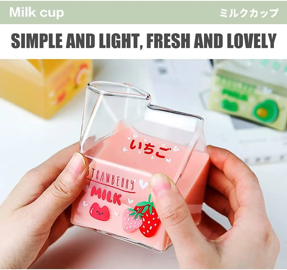 Creativity Square Glass Cup Creamer Heat Resistant Cute Cartoon Cup Half-Pint Kawaii Milk Juice Mug Bottle Box Valentines Gift