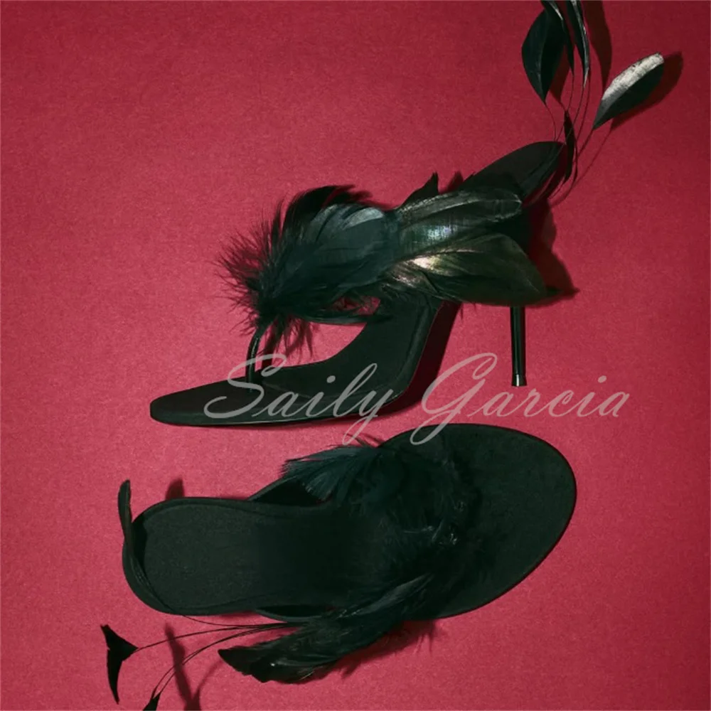 

Black Feather Decoration Stilettos Sandals Women Sexy Round Toe High Heel Flip Flops Clip Toe Slingback Roman 2026 Party Shoes