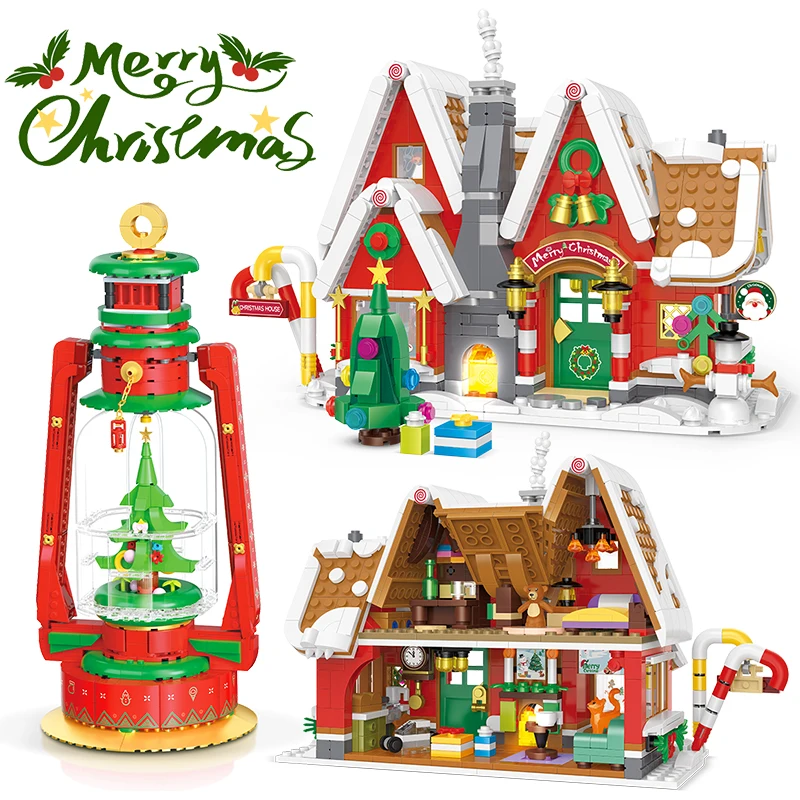 Creative Mini Christmas House Camping Lamp Glow Building Blocks Hut Model Assemble Bricks Toys Holiday Gifts For Girl Kids Adult