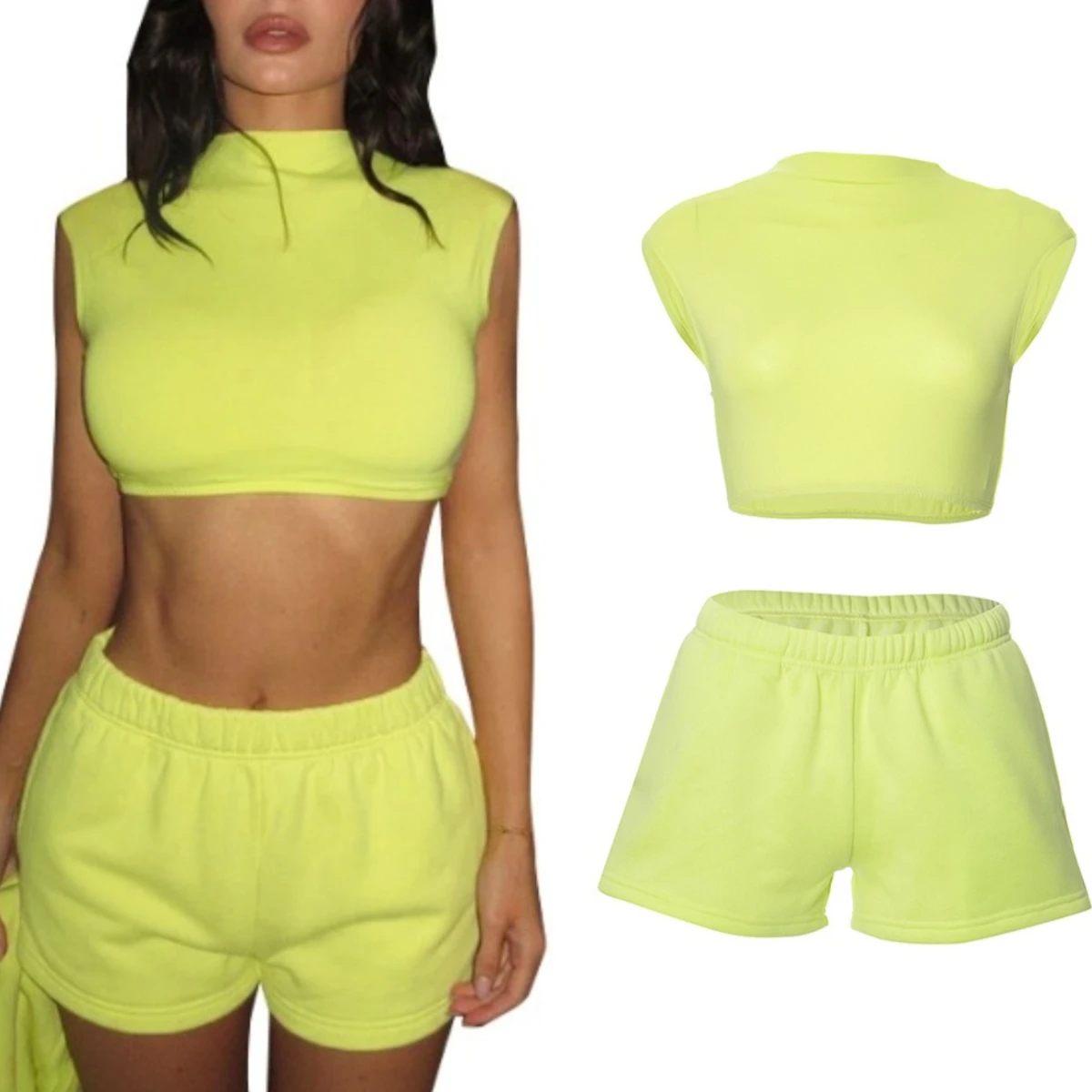 

Женский однотонный укороченный топ и шорты, повседневный летний Базовый костюм без рукавов, комплект из 2 предметов, женская повседневная одежда, комплект из двух предметов