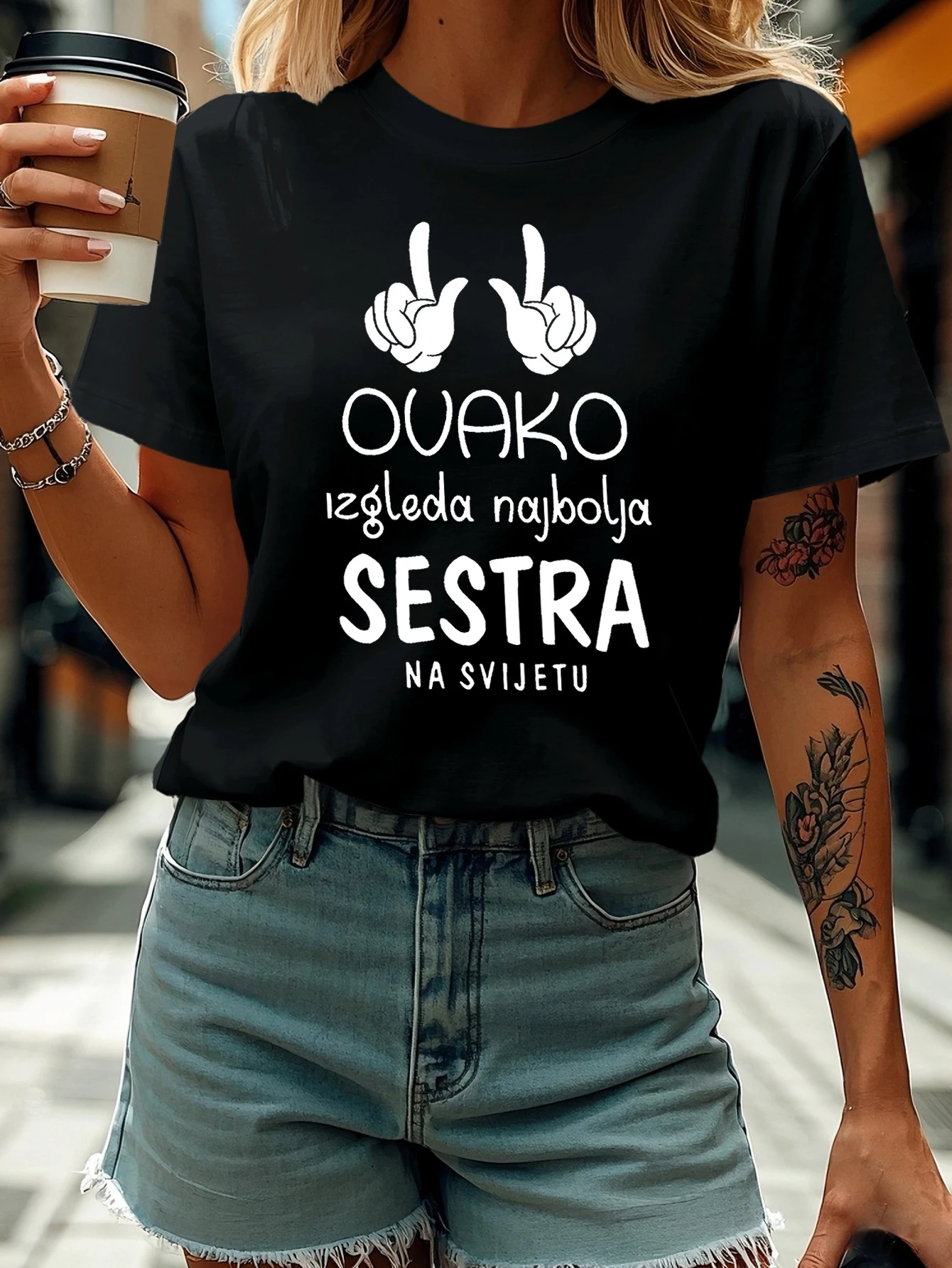 

Women's T-shirt Short Sleeve OUAKO Izgleda Najbolja SESTRA Serbian Letter Print Crew Neck Casual Top for Summer & Spring