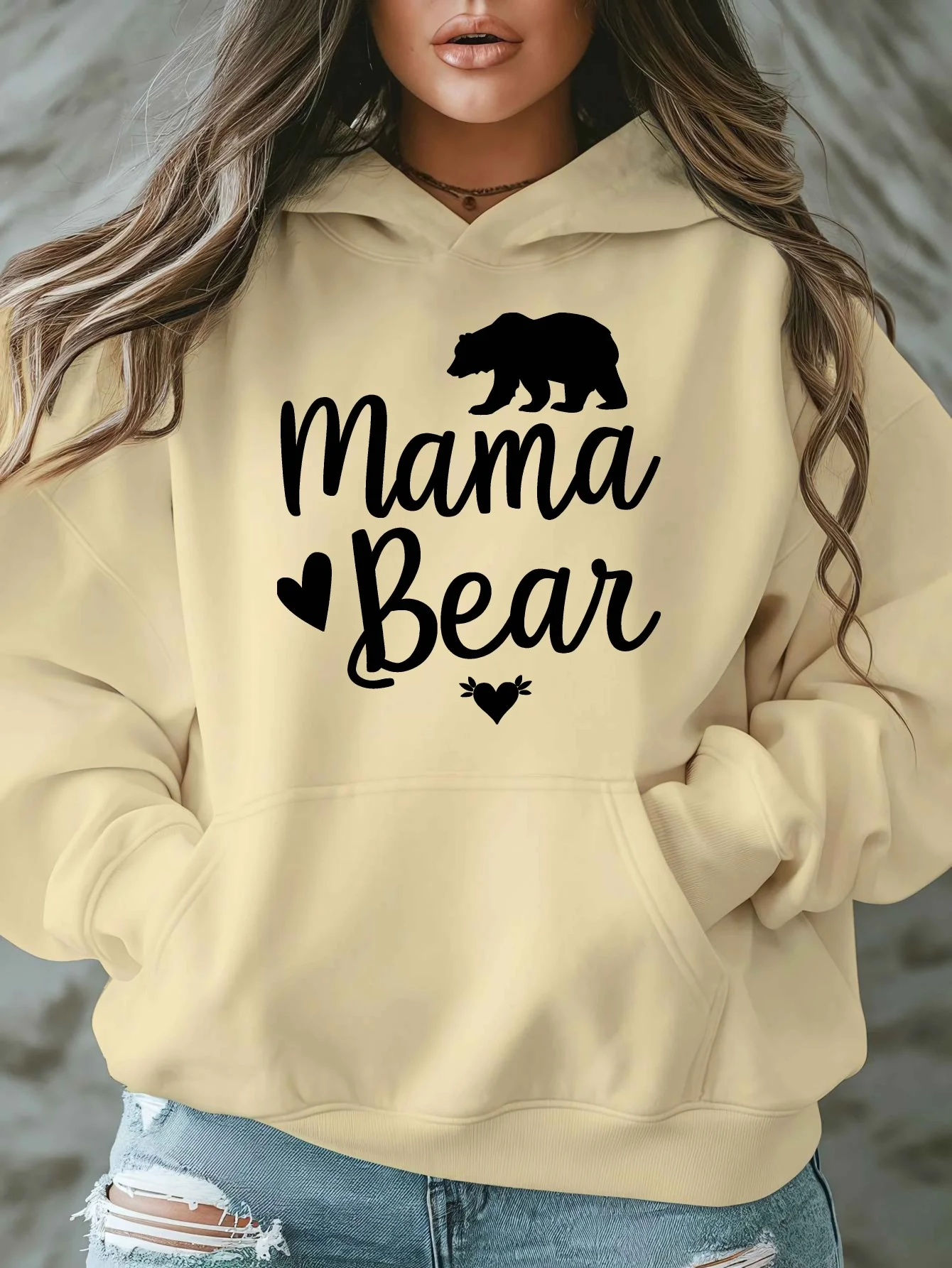 Plus Size - Mama Bear Oversized Casual Hoodie, Women's Autumn and Winter Long-Sleeve Sweatshirt, Plus Size Women's Tops