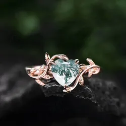 925 Silver Moss Agate Engagement Rings for Women Natural Green Stone Heart Shaped Ring Fine Leaf Shaped Jewelry Anniversary Gift