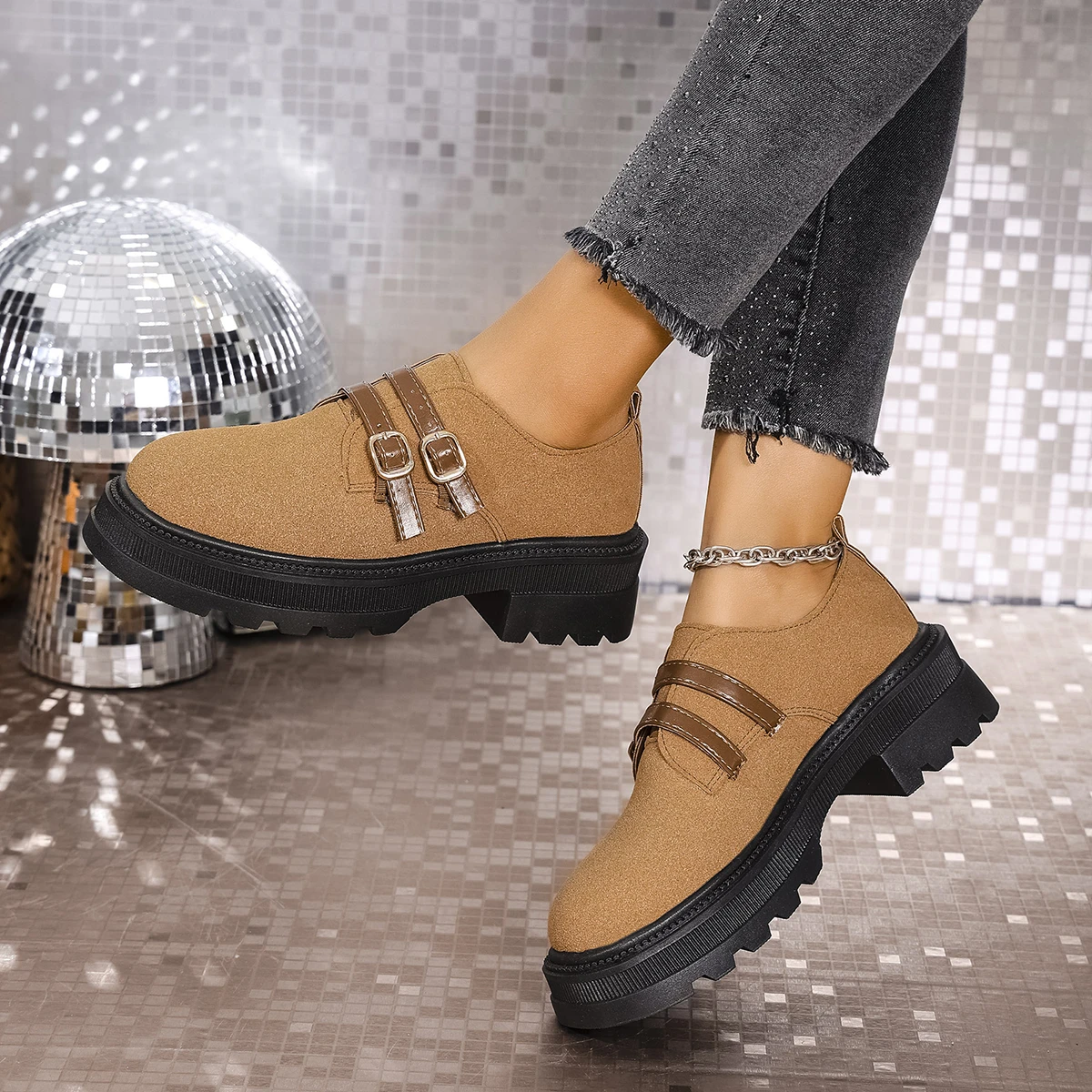 

Women's thick soles spring and autumn single shoes round head square with a slip-on women's classic British style thick soles