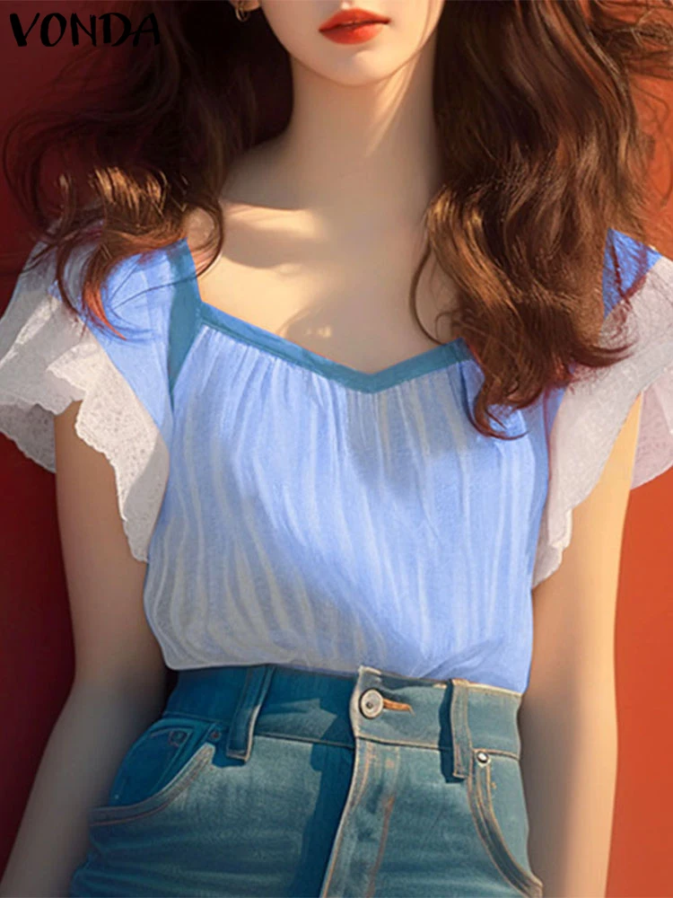 VONDA Women Blouse Summer Tops Short Sleeve Lace Patchwork Stripe Shirt Streetwear Female Blusas Casual Tunic Oversize