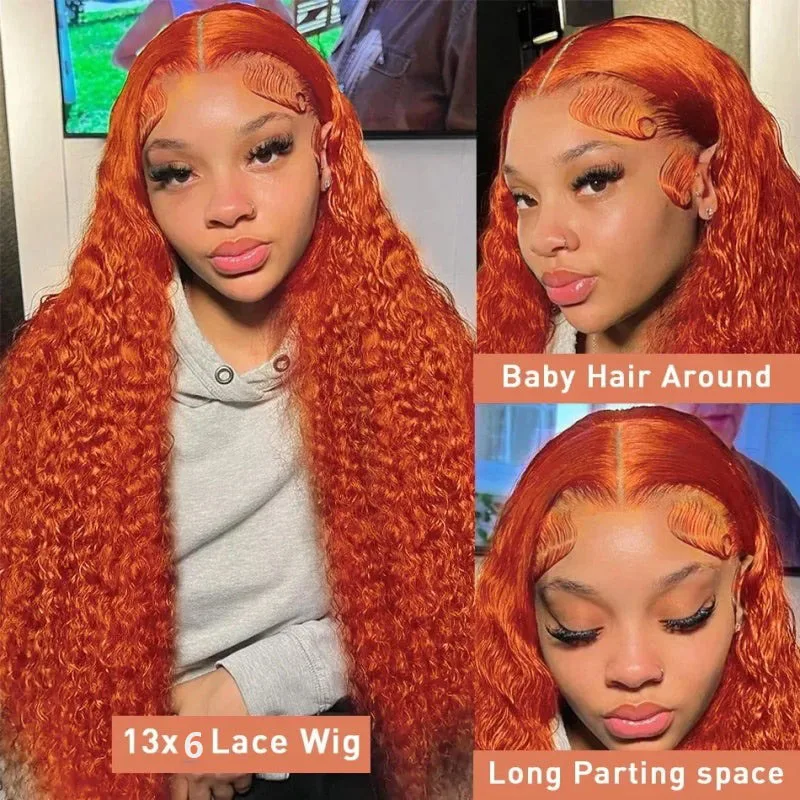 13x6 gengibre laranja perucas de cabelo humano pré arrancado encaracolado hd perucas frontais do laço onda profunda perucas dianteiras do laço # Remy brasileiro de 350 cores