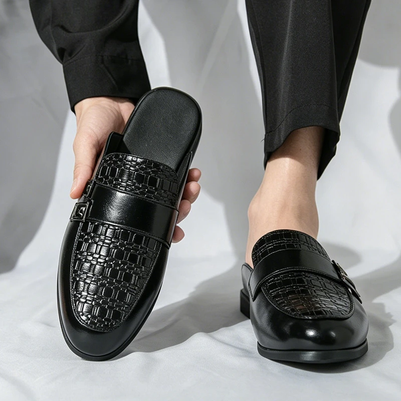 Leather Mules Men half slippers Backless Casual Shoes Woman Open Back Loafers Large Size Slip On Flat Sneaker Men Slides Sandals
