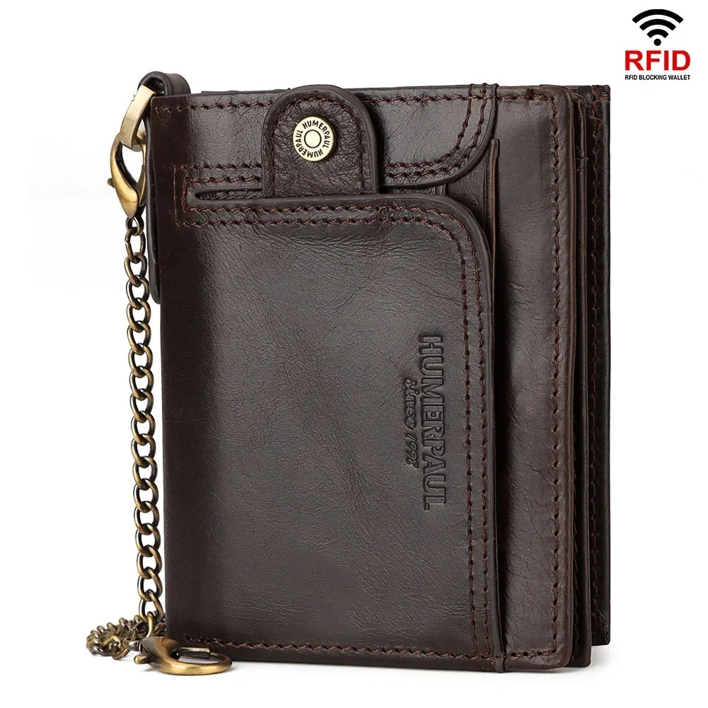 

Short Chain Wallet for Men with RFID Block Genuine Leather Male Wallets Cowskin Cards Holder Coin Pocket Multi-functional Purse