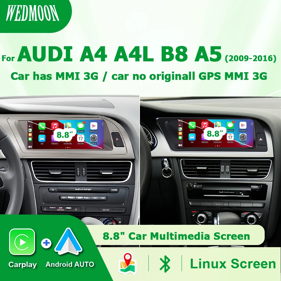 Android Auto CarPlay 8.8 "écran multimédia système Linux Radio pour Audi A4 A5 B8 S4 S5 2009-2016 avec fonction de liaison miroir GPS