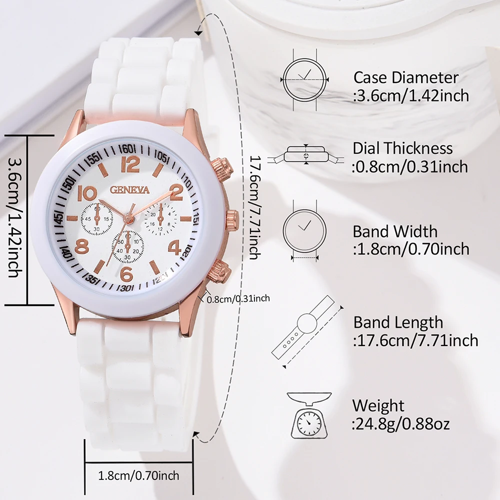 1PCS White Simple Luxury Silicone Strap Watch Casual Fashion Quartz Watch Is The Perfect Gift For Her (No Box)