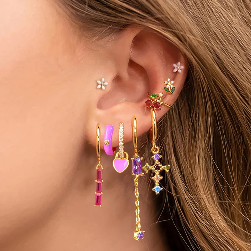 Neue Design Zirkonia Kreuz Kleine Creolen Für Frauen Winzige Herz Kette Kupfer Anhänger Knorpel Ohrring Piercing Schmuck