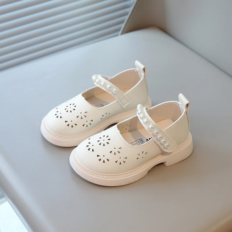 

Summer Girl's Princess Shoes Pearl Round Toe Hook-loop Cute Kid's Flat Shoe Beige Anti-slip Hollow Out Daily Children Shoe 4-6Y