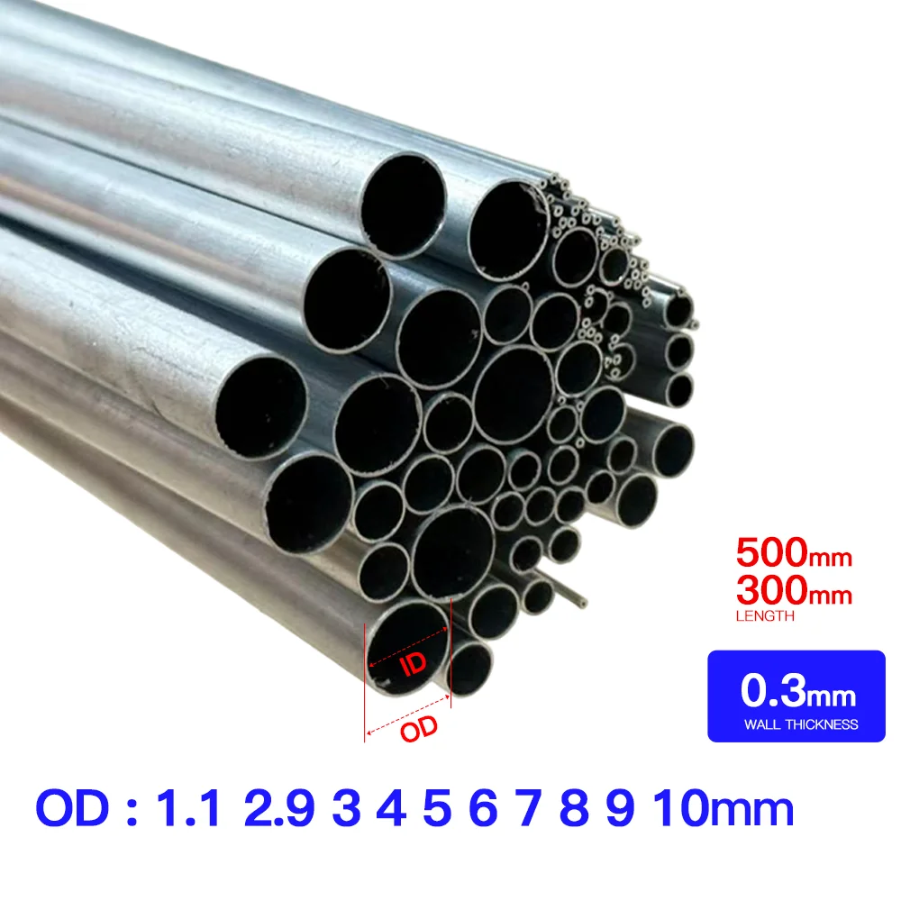 Thin Wall Aluminum Tubing 0.3mm, 1.1-10mm OD Hollow Pipe, 300-500mm Length 6063 Alloy Tube for Crafts & DIY