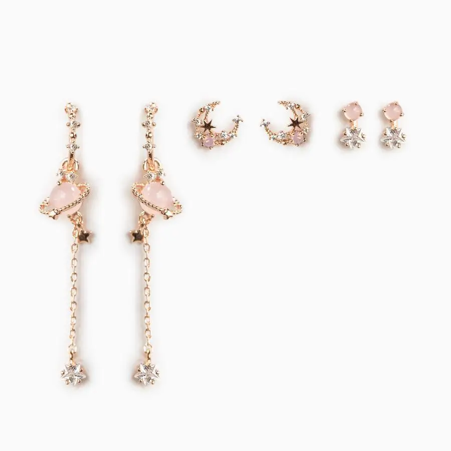ins Vintage Exquisite Zircon Star Moon Chain Earring Gold-plated Starry Planet Stud Earrings Set For Women Girls Fashion Jewelry