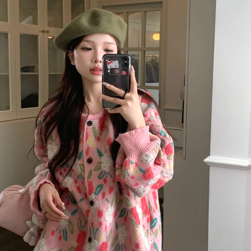 Chubby Girl High Sense Super Nice Idle Sle Sweater Women Autumn New Plus size Sweet Flower Pink Knitted Outerwear L161