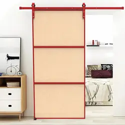 Wood and Steel Frame Combination barn Door kit, Milan Spring Season Sheet, Santa Red Steel Forged Frame, pre-drilled Frame Slidi