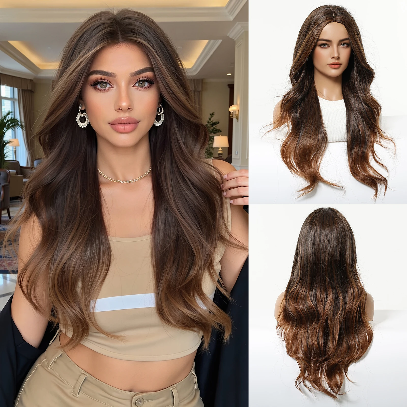 

Allbell Magique Темно-светло-коричневый парик из волос 26 дюймов Длинный волнистый синтетический вьющийся парик для женщин Термостойкий повседневное использование для вечеринок