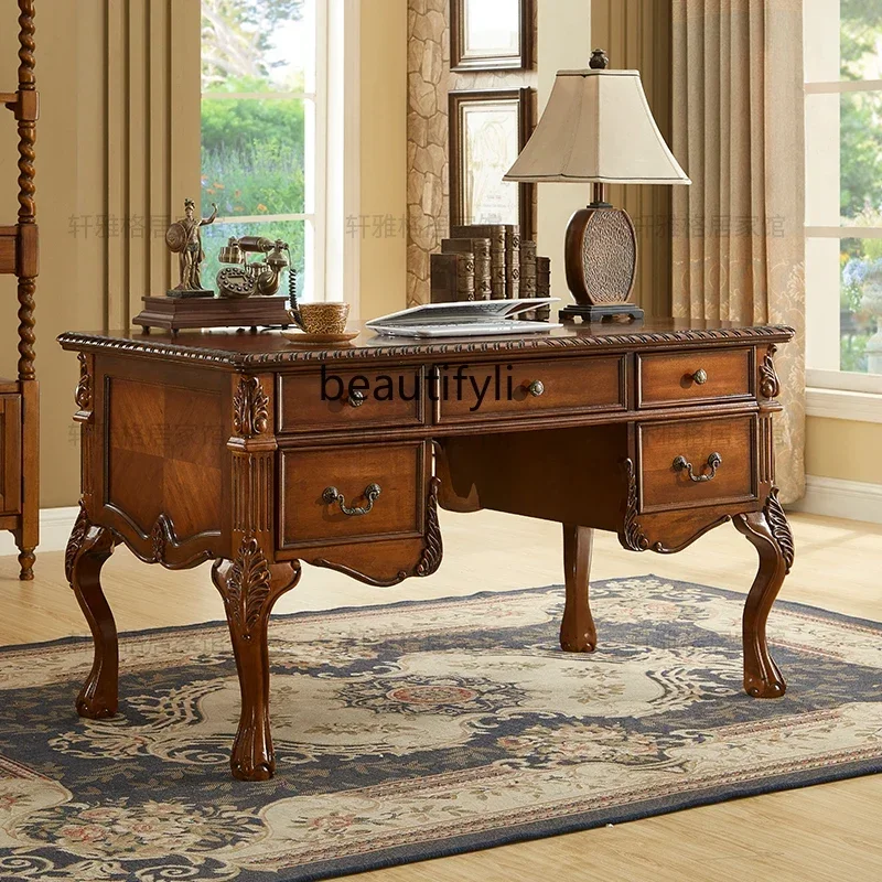 

ss25 American solid wood antique desk boss computer desk European writing desk combination