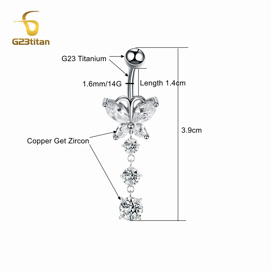 G23 Titanium Umbigo Piercing Anel para Mulheres, Piercing Umbigo, Borboleta de Cristal, Acessórios Jóia do Corpo, Cor Prata, 14G