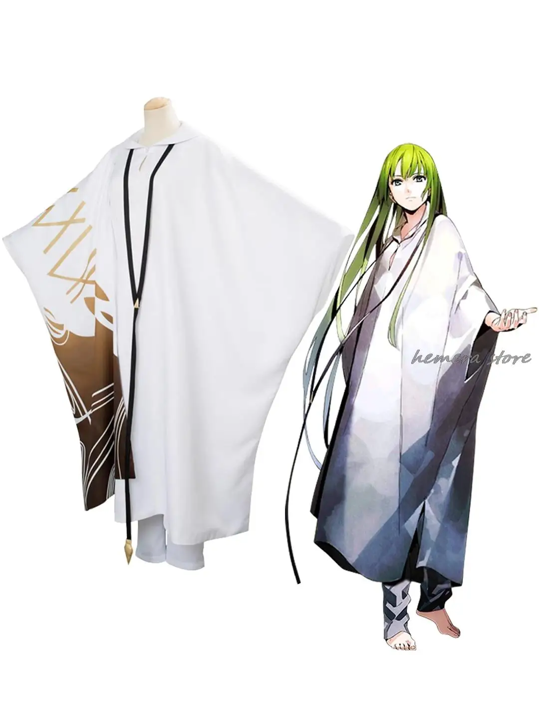 Fate/strange Fake Enkidu Cosplay Costume Cloak Wig Chains of Heaven Necklace Ring False Lancer White Rope Set Green Long Hair