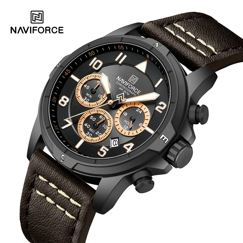 Мужские наручные часы NAVIFORCE, хронограф, многофункциональный циферблат, 24-часовой формат, кожаный ремешок, современный деловой стиль, роскошь, Reloj Hombre NF8077