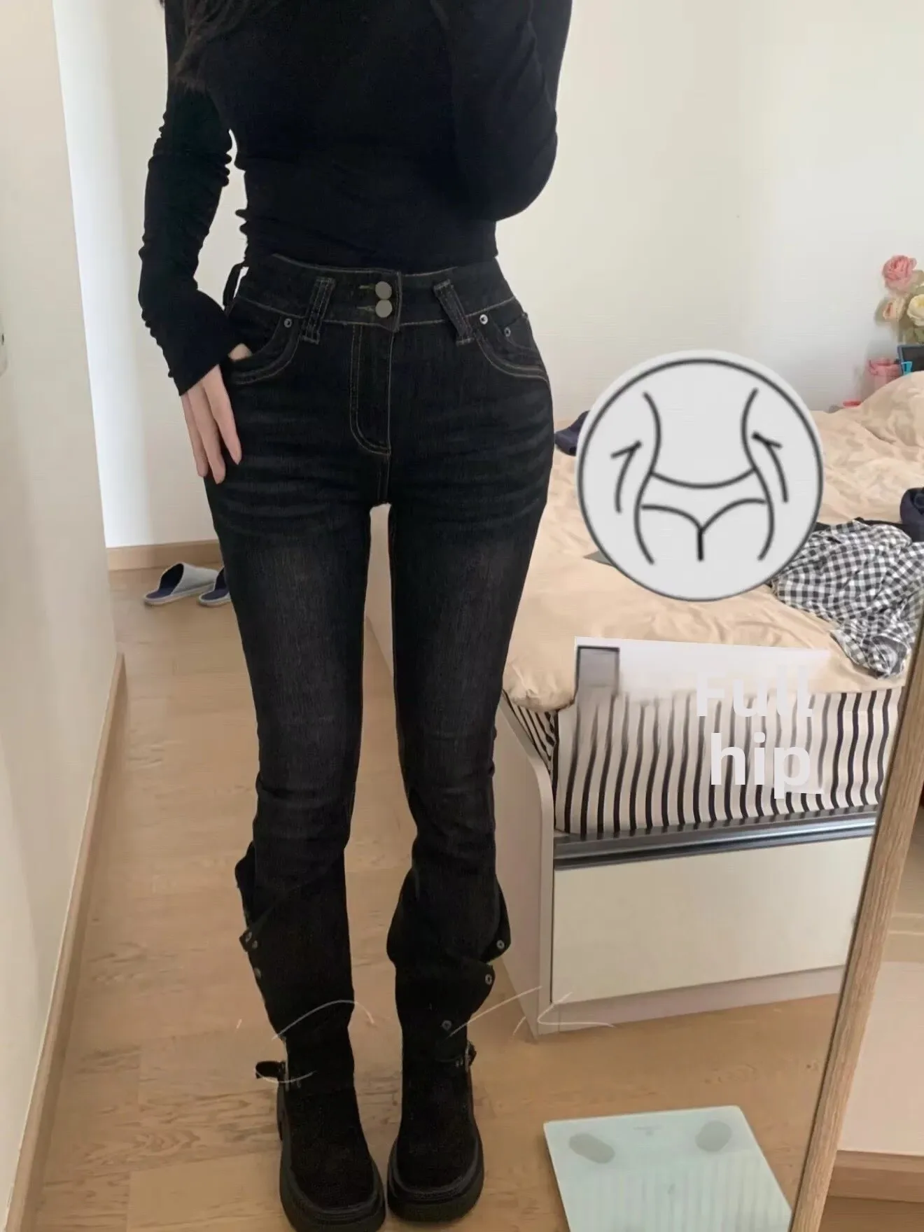 

Женские джинсы с высокой талией, облегающие, винтажные, эластичные, прямого кроя, осенне-зимние, универсальные, с рваным краем