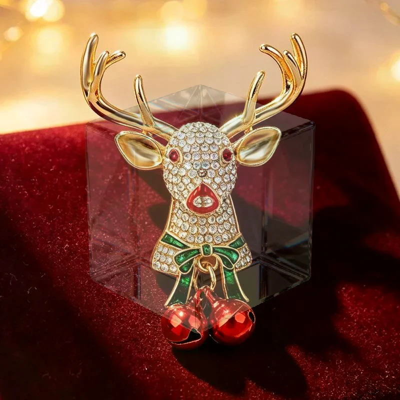 Gold Plated Christmas Reindeer Brooch With Sparkly Clear Rhinestones Red Bell Pendants For Holiday Party Outfit Decorations