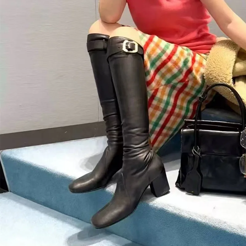نجمة نمط خمر حزام مشبك جلد مرن النساء أحذية عالية في الركبة الخريف الشتاء عالية الكعب تشيلسي سليم أحذية طويلة الأحذية