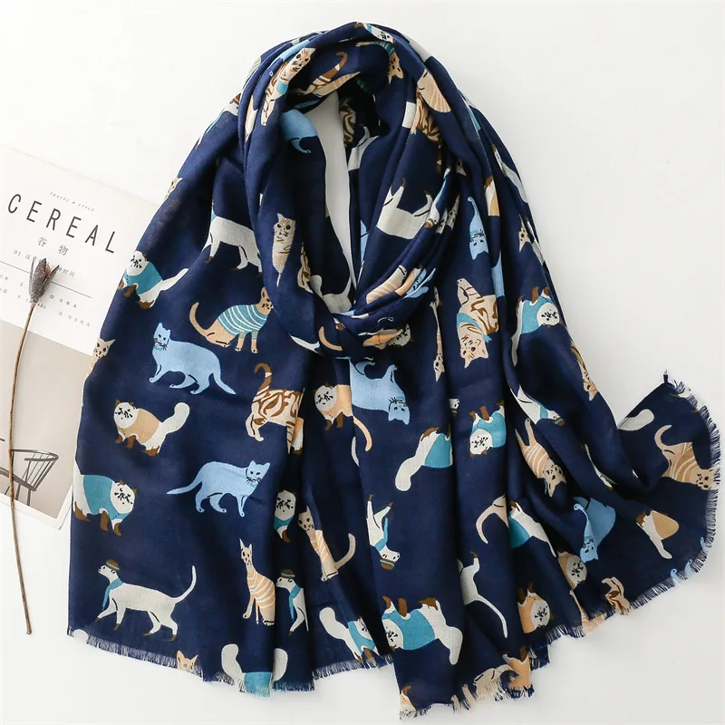 Lovely Cartoon Cat Pattern Fringe Viscose Shawl Scarf Lady Girls High Quality Wrap Pashmina Stole Bufandas Muslim Hijab 180*90Cm